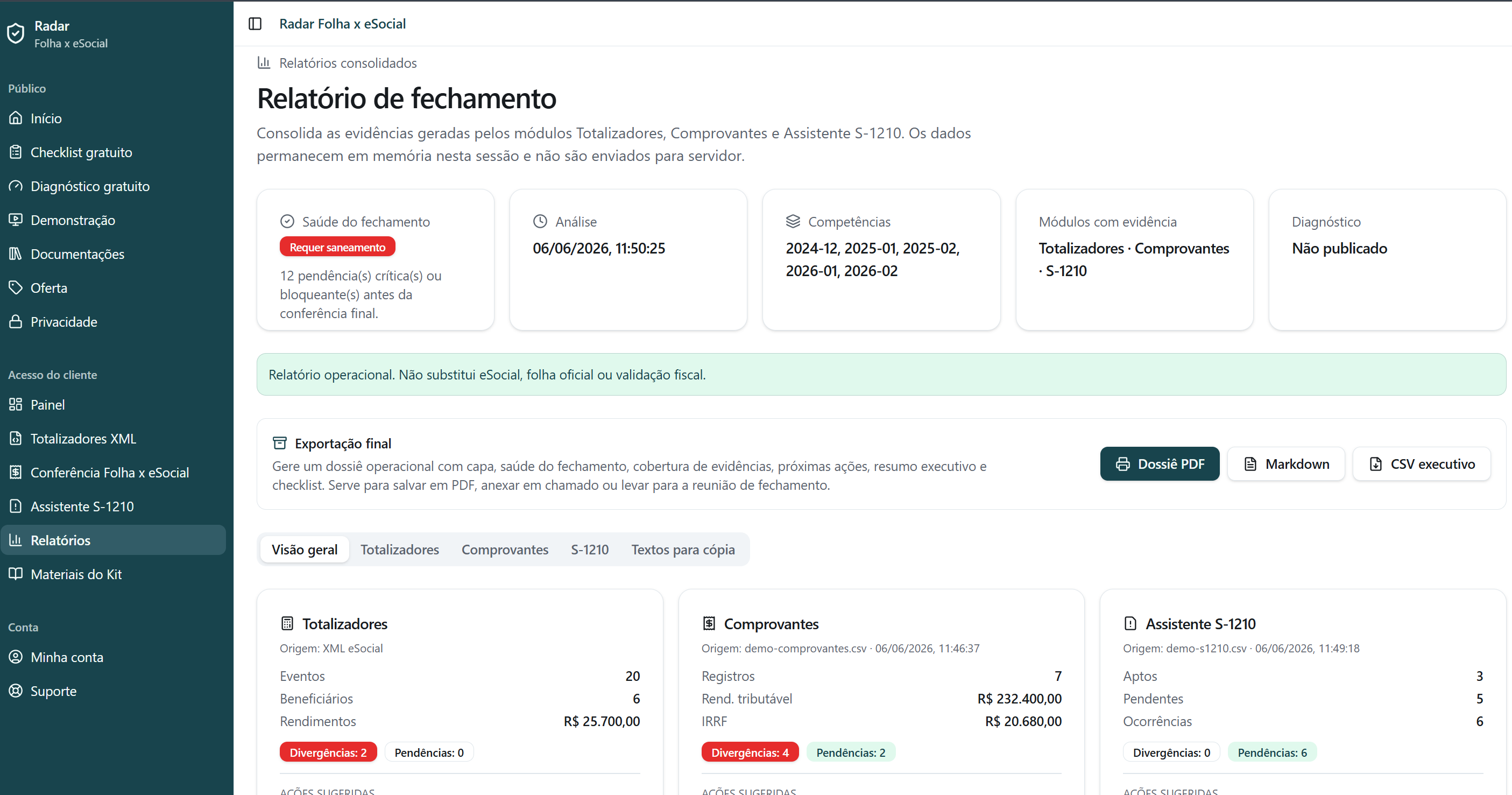Relatório de fechamento consolidando Totalizadores, Comprovantes e S-1210
